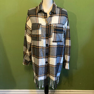 Women's K Grey White Tan Plaid Wool Blend Fringe oversized Utility Jacket S